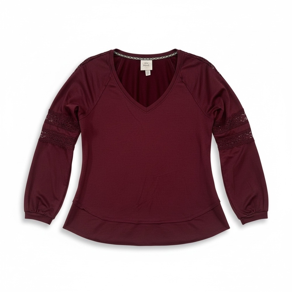 Knox Rose Burgundy V-Neck Lace Sleeve Top Size M Boho Long Sleeve Blouse EUC